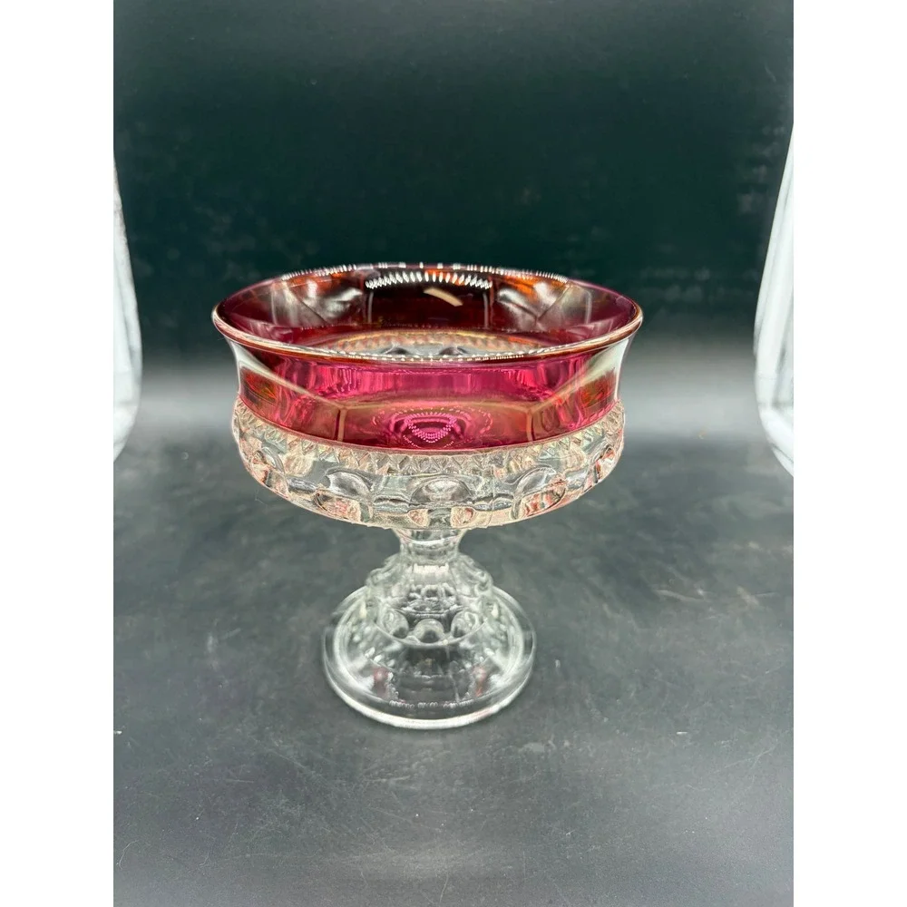 Vintage Ruby Stained Flash Glass Compote Pedestal Candy Dish Clear Pressed‎ Base